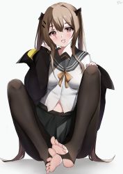Rule 34 | 1girl, absurdres, barefoot, brown hair, feet, girls&#039; frontline, highres, light blush, long hair, looking at viewer, open mouth, red eyes, scar, scar on face, soles, stirrup legwear, toeless legwear, toes, twintails, ump9 (girls&#039; frontline)