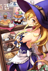 Rule 34 | 1girl, apron, backless dress, backless outfit, bag, bare back, bare shoulders, basket, belt, blonde hair, bow, bread, cake, choker, comet (teamon), crossed arms, cupcake, detached sleeves, dress, food, from behind, hat, hat bow, long hair, looking back, lowres, macaron, pie, revision, shop, sign, smile, solo, strapless, strapless dress, sweets, sword girls, tiered tray, waist apron, witch hat, yellow eyes