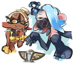 Rule 34 | big man (splatoon), blonde hair, blue hair, dark-skinned female, dark skin, domino mask, frye (splatoon), hair over one eye, hat, inkling player character, looking at viewer, manta ray, mask, mouth mask, navel, nintendo, octoling player character, official alternate costume, one eye closed, open mouth, pointy ears, red eyes, shiver (splatoon), smile, splatoon (series), splatoon 3, tentacle hair, tirarizun, tongue, tongue out, top hat, yellow eyes