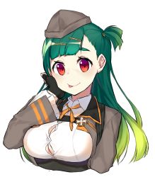 Rule 34 | 1girl, :p, asymmetrical bangs, breasts, button gap, cleavage, cropped torso, fingerless gloves, g28 (girls&#039; frontline), girls&#039; frontline, gloves, green hair, hair ornament, hairclip, hand on own cheek, hand on own face, hat, highres, jacket, large breasts, long hair, looking at viewer, lucysama, one side up, red eyes, simple background, smile, solo, tongue, tongue out, upper body, white background
