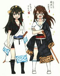 Rule 34 | 2girls, :d, absurdres, ashigara (kancolle), black footwear, black hair, black kimono, blush stickers, bokken, boots, breasts, brown eyes, brown hair, cleavage, commentary request, cosplay, crossed arms, gintama, hadanugi dousa, hair between eyes, hair ornament, hairclip, haruna (kancolle), headgear, highres, japanese clothes, kantai collection, kimono, knee boots, long hair, long sleeves, marker (medium), medium breasts, mehonobu g, multiple girls, open clothes, open kimono, open mouth, ribbon-trimmed sleeves, ribbon trim, sakata gintoki, sakata gintoki (cosplay), sakata kintoki (gintama), sakata kintoki (gintama) (cosplay), sarashi, short sleeves, sidelocks, smile, sparkle, standing, sword, traditional media, translation request, v-shaped eyebrows, very long hair, weapon, white footwear, white kimono, wooden sword