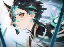 Rule 34 | 1boy, absurdres, ahoge, aqua hair, arm tattoo, bead necklace, beads, bishounen, black hair, commentary request, expressionless, eyeliner, eyeshadow, facial mark, forehead mark, from side, genshin impact, highres, jewelry, makeup, male focus, mask, multicolored hair, necklace, pendant, polearm, portrait, profile, red eyeliner, red eyeshadow, short hair, shoulder spikes, solo, spear, spiked hair, spikes, streaked hair, tattoo, two-tone hair, unishuri, weapon, xiao (genshin impact), yellow eyes