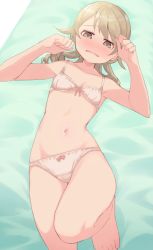Rule 34 | 1girl, barefoot, blush, bow, bow bra, bow panties, bra, breasts, brown eyes, brown hair, cameltoe, commentary request, crotch seam, drill hair, frown, half-closed eyes, idolmaster, idolmaster cinderella girls, leg up, looking at viewer, lying, medium hair, morikubo nono, navel, on back, on bed, open mouth, panties, shimazaki1152, small breasts, solo, underwear, underwear only, white bra, white panties