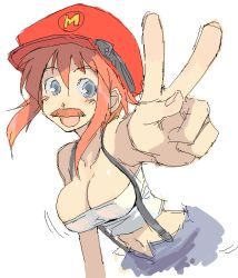 Rule 34 | 1girl, :d, areola slip, blue eyes, blush, bouncing breasts, breasts, cleavage, crop top, facial hair, fake facial hair, fake mustache, foreshortening, gender request, genderswap, hat, kusanagi tonbo, large breasts, leaning forward, looking at viewer, mario, mario (series), midriff, mustache, navel, nintendo, no bra, oekaki, open fly, open mouth, orange hair, peaked cap, short hair, simple background, sketch, smile, solo, strap, strapless, suspenders, tube top, unzipped, upper body, v