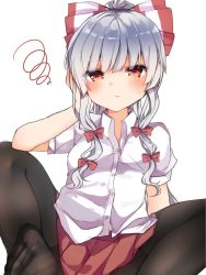 Rule 34 | 1girl, bad id, bad twitter id, black pantyhose, blush, bow, brown eyes, buttons, closed mouth, collared shirt, feet, fujiwara no mokou, hair bow, hand on own cheek, hand on own face, hand up, highres, karasusou nano, looking at viewer, no shoes, pantyhose, pleated skirt, red bow, red skirt, shirt, short sleeves, sidelocks, simple background, sitting, skirt, solo, squiggle, thighband pantyhose, toes, touhou, white background, white hair, white shirt