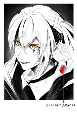 Rule 34 | 1girl, absurdres, bahuangdajiangjun, black jacket, blood, dated, girls&#039; frontline, greyscale, highres, jacket, long hair, looking away, monochrome, open mouth, parted lips, red lips, scar, scar across eye, serious, side ponytail, solo, teeth, ump45 (girls&#039; frontline), upper body, yellow eyes