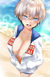 Rule 34 | 1girl, beach, blue eyes, blue sky, blush, breasts, center opening, cleavage, clothes writing, collarbone, day, drawstring, hair between eyes, hands in pockets, highres, hood, hooded sweater, huge breasts, large breasts, long sleeves, looking at viewer, navel, ocean, open mouth, romaji text, shore, short hair, silver hair, sky, sugoi dekai, sweater, thighs, uzaki-chan wa asobitai!, uzaki hana, white sweater, zasshu