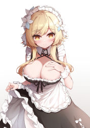Rule 34 | 1girl, absurdres, alternate costume, black dress, blonde hair, blush, breasts, cleavage, closed mouth, clothes lift, dress, dress lift, enmaided, flower, genshin impact, gradient background, grey background, hair flower, hair ornament, hand on own chest, highres, large breasts, lifting own clothes, looking at viewer, lumine (genshin impact), maid, maid headdress, pantyhose, poinia, smile, solo, white pantyhose, yellow eyes