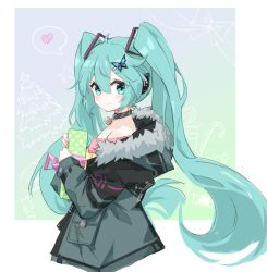Rule 34 | 1girl, aqua coat, aqua eyes, aqua hair, bare shoulders, bow, bowtie, box, butterfly hair ornament, candy, candy cane, choker, christmas, christmas tree, coat, commentary, food, framed image, from side, fur-trimmed coat, fur trim, gift, gift box, hair ornament, hairclip, hatsune miku, headphones, heart, heart print, holding, holding gift, hood, hooded coat, long hair, looking at viewer, nejikyuu, pendant choker, smile, solo, speech bubble, spoken heart, star (symbol), twintails, upper body, very long hair, vocaloid