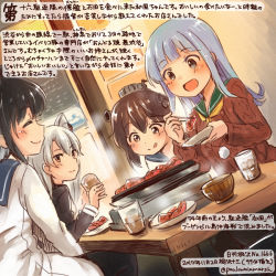 Rule 34 | 4girls, :d, ^ ^, amatsukaze (kancolle), black hair, blue eyes, blue sailor collar, brown eyes, brown hair, brown sweater, chopsticks, closed eyes, colored pencil (medium), commentary request, cup, dated, drinking glass, food, green sailor collar, grey eyes, hatsukaze (kancolle), holding, holding chopsticks, holding cup, kantai collection, kirisawa juuzou, long hair, long sleeves, multiple girls, neckerchief, numbered, open mouth, sailor collar, short hair, silver hair, smile, sweater, tokitsukaze (kancolle), tongue, tongue out, traditional media, translation request, twitter username, two side up, yellow neckerchief, yukikaze (kancolle)