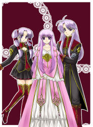 Rule 34 | 1boy, 2girls, 74, arthur (fire emblem: genealogy of the holy war), boots, brother and sister, dress, fire emblem, fire emblem: genealogy of the holy war, gloves, julia (fire emblem), long hair, multi-tied hair, multiple girls, nintendo, purple eyes, purple hair, siblings, smile, thigh boots, thighhighs, tine (fire emblem), twintails, xvxxv, zettai ryouiki