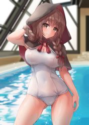 Rule 34 | 1girl, blush, braid, breasts, brown eyes, brown hair, capelet, cleavage, closed mouth, empty eyes, hair ribbon, hand in own hair, highres, hood, hood up, hooded capelet, indoors, k jie, kantai collection, large breasts, long hair, one-piece swimsuit, pool, red ribbon, rei no pool, ribbon, shinshuu maru (kancolle), solo, sparkle, swimsuit, twin braids, water, wet, white one-piece swimsuit, window