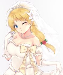 Rule 34 | 1girl, bare shoulders, blonde hair, blue eyes, breasts, closed mouth, collarbone, crown hair ornament, dress, flower, gloves, grey background, hachimiya meguru, hair flower, hair ornament, idolmaster, idolmaster shiny colors, jewelry, large breasts, long hair, looking at viewer, minikon, necklace, one eye closed, rose, simple background, skirt hold, solo, white gloves