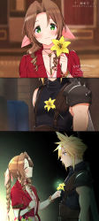 Rule 34 | 1boy, 1girl, aerith gainsborough, armor, artist name, bangle, basket, belt, blonde hair, blue eyes, blue shirt, blush, boutonniere, bracelet, braid, braided ponytail, brown hair, buster sword, choker, city, closed eyes, cloud strife, cropped jacket, curly hair, dated, dress, final fantasy, final fantasy vii, final fantasy vii remake, flower, flower basket, flower choker, green eyes, hair between eyes, hair ribbon, highres, holding, holding basket, holding flower, jacket, jewelry, krudears, long hair, looking at another, looking at viewer, loveless avenue, midgar, multiple belts, multiple views, outdoors, parted bangs, pink dress, pink flower, pink ribbon, red jacket, ribbon, shirt, short hair, short sleeves, shoulder armor, sidelocks, sleeveless, sleeveless turtleneck, smile, spiked hair, square enix, suspenders, turtleneck, twitter username, upper body, weapon, weapon on back, yellow flower