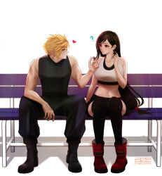 Rule 34 | 1boy, 1girl, ?, absurdres, azezazel, bare arms, bench, black hair, black thighhighs, blonde hair, blue eyes, boots, brown footwear, cloud strife, commission, crop top, final fantasy, final fantasy vii, final fantasy vii remake, twirling hair, heart, highres, legs together, long hair, looking at another, low-tied long hair, park bench, red eyes, red footwear, simple background, sitting, skirt, spiked hair, thighhighs, tifa lockhart