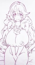 Rule 34 | 1girl, artemis (fate), between breasts, blush, breasts, closed mouth, completely nude, corrupted twitter file, covering crotch, covering privates, fate/grand order, fate (series), hair between eyes, highres, huge breasts, long hair, looking at viewer, monochrome, nipples, nude, orion (bear) (fate), simple background, sitting, smile, traditional media, tsukareta san