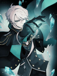 Rule 34 | 1boy, absurdres, black gloves, black jacket, blue eyes, commission, gloves, highres, inota, jacket, looking at viewer, male focus, original, outstretched hand, pale skin, pixiv commission, shards, short hair, standing, white hair, wizard