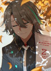 Rule 34 | 1boy, ahoge, black shirt, closed eyes, closed mouth, earrings, eipenor, falling leaves, green hair, grey hair, hair between eyes, highres, honkai (series), honkai impact 3rd, jewelry, leaf, long hair, male focus, multicolored hair, shirt, solo, streaked hair, su (honkai impact), two-tone hair, upper body