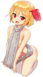 Rule 34 | 1girl, ass, backless dress, backless outfit, bandaid, bandaids on nipples, bare shoulders, barefoot, blonde hair, blush, breasts, chiroshiron, collarbone, dress, full body, grey sweater, hair ornament, hair ribbon, highres, kneeling, looking at viewer, meme attire, musical note, naked sweater, open mouth, pasties, red eyes, ribbed sweater, ribbon, rumia, short hair, simple background, small breasts, smile, solo, sweater, touhou, turtleneck, turtleneck sweater, virgin killer sweater, white background