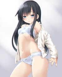 Rule 34 | 1girl, asashio (kancolle), black hair, blue eyes, blush, bow, bow bra, bow panties, bra, breasts, buttons, dd (ijigendd), hair between eyes, highres, kantai collection, long hair, long sleeves, looking at viewer, navel, open clothes, open shirt, panties, shirt, simple background, small breasts, solo, standing, underwear, white background, white bra, white panties, white shirt