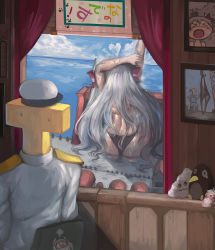 Rule 34 | &gt; &lt;, 1boy, 1girl, amatsukaze (kancolle), bikini, black panties, chair, cloud, curtains, day, failure penguin, fairy (kancolle), giant, giantess, hair tubes, hat, heart, kantai collection, long hair, miss cloud, ocean, panties, picture frame, silver hair, sitting, sky, stretching, sweat, swimsuit, t-head admiral, two side up, underwear, uniform, water, wet, window, yilx