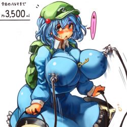 Rule 34 | 1girl, backpack, bag, before and after, blue eyes, blue hair, breast milk, breasts, faucet, female focus, hair bobbles, hair ornament, holding, huge breasts, kawashiro nitori, key, lactation, lactation through clothes, looking at viewer, matching hair/eyes, milk, perky breasts, sachito, solo, touhou, twintails, two side up
