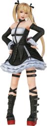 Rule 34 | 1girl, 3d, belt, blonde hair, blue eyes, boots, clothes, dead or alive, dress, female focus, full body, gloves, highres, long hair, looking at viewer, marie rose, official art, shoes, simple background, smile, solo, standing, twintails