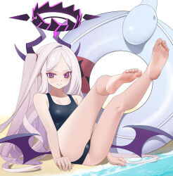 1girl absurdres bare_legs bare_shoulders barefoot beach black_halo black_horns blue_archive blush breasts cameltoe closed_mouth collarbone commentary demon_girl demon_horns demon_wings eyelashes feet frown full_body grey_hair hair_over_shoulder halo highres hina_(blue_archive) hina_(swimsuit)_(blue_archive) horns legs legs_up long_hair looking_at_viewer low_wings multiple_horns official_alternate_costume one_side_up parted_bangs purple_eyes school_uniform sidelocks simple_background single_hair_intake sitting slit_pupils small_breasts soles solo sweatdrop swim_ring swimsuit thighs toes tsurime v-shaped_eyebrows very_long_hair white_background wings younideyifengxin