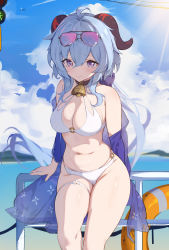 Rule 34 | 1girl, absurdres, against railing, ahoge, aircraft, airplane, aviator sunglasses, bare shoulders, bell, bikini, blue hair, blue sky, breasts, brown choker, choker, cleavage, closed mouth, cloud, commentary request, cowbell, curled horns, day, eyewear on head, floating hair, ganyu (genshin impact), genshin impact, glint, goat horns, highres, horns, houkisei, innertube, large breasts, long hair, looking at viewer, medium breasts, navel, neck bell, purple eyes, railing, skindentation, sky, solo, stomach, sunglasses, sunlight, swim ring, swimsuit, thigh strap, thighs, tinted eyewear, white bikini