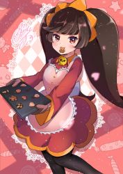 Rule 34 | 1girl, apron, argyle, argyle background, argyle clothes, ashley (warioware), big hair, black hair, black pantyhose, blush, candy, cookie, dress, eating, feet out of frame, female focus, food, food in mouth, frilled apron, frills, hairband, heart, highres, holding, holding tray, lollipop, long hair, long sleeves, looking at viewer, meiwari, nintendo, orange hairband, oven mitts, pantyhose, pink apron, pink background, red dress, sidelocks, skull, solo, standing, tray, twintails, valentine, very long hair, warioware, witch, wrapped candy