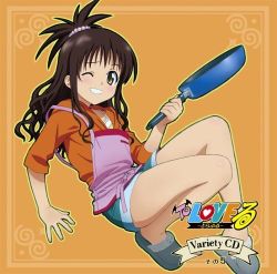 Rule 34 | 00s, album cover, apron, brown eyes, brown hair, cover, frying pan, lowres, one eye closed, shorts, slippers, solo, to love-ru, wink, yuuki mikan