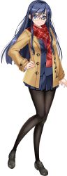 Rule 34 | 1girl, artwhirl mahou gakuen no otome-tachi, black footwear, black pantyhose, blue hair, blue jacket, blue skirt, brown coat, closed mouth, coat, full body, glasses, hand on own hip, highres, jacket, kimura kitaka, long hair, long sleeves, looking at viewer, miniskirt, open clothes, open coat, pantyhose, plaid, plaid scarf, pleated skirt, red scarf, rimless eyewear, scarf, school uniform, skirt, smile, solo, standing, straight hair, tachi-e, transparent background, ur (artwhirl), very long hair