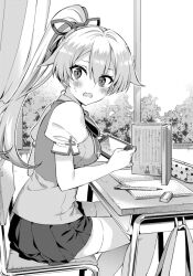 Rule 34 | 1girl, blush, book, breasts, chair, desk, eraser, fate/grand order, fate (series), hair ribbon, hanabana tsubomi, handheld game console, holding, holding handheld game console, homurahara academy school uniform, indoors, large breasts, looking at viewer, mechanical pencil, nervous, nintendo switch, open mouth, pencil, pencil case, ponytail, puffy short sleeves, puffy sleeves, ribbon, school chair, school desk, school uniform, short sleeves, sitting, skindentation, skirt, solo, sweat, thighhighs, tomoe gozen (fate), tree, window