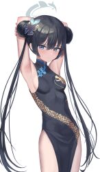 Rule 34 | 1girl, absurdres, armpits, arms behind head, black dress, blue archive, blue eyes, breasts, butterfly hair ornament, china dress, chinese clothes, commentary, doggo34476335, double bun, dragon print, dress, grey halo, hair between eyes, hair bun, hair ornament, halo, highres, kisaki (blue archive), long hair, looking at viewer, medium breasts, pelvic curtain, simple background, sleeveless, sleeveless dress, solo, thighs, twintails, white background