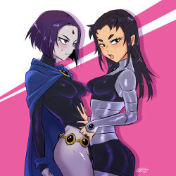 Rule 34 | black hair, blackfire, blue cloak, blush, cloak, colored skin, dc comics, grey skin, hand on another&#039;s stomach, highres, leotard, leotard pull, long hair, looking at another, miniskirt, open mouth, pointy ears, pulling another&#039;s clothes, purple hair, raven (dc), short hair, skirt, sweat, sytokun, teen titans, thighs, tongue, tongue out, yuri