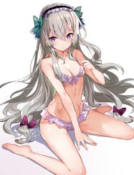 Rule 34 | 1girl, abusoru, barefoot, bikini, breasts, character request, copyright request, frilled bikini, frills, highres, long hair, looking at viewer, maid headdress, pink bikini, purple eyes, silver hair, simple background, sitting, small breasts, solo, swimsuit, wariza, white background