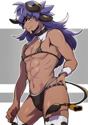 Rule 34 | 1boy, abs, absurdres, alternate costume, animal print, bell, bikini, black bikini, bright pupils, closed mouth, commentary request, cow boy, cow horns, cow print, cow tail, cowbell, creatures (company), crossdressing, dark-skinned male, dark skin, facial hair, game freak, hand on own hip, highres, horns, leon (pokemon), long hair, male focus, navel, nintendo, pectorals, pokemon, pokemon swsh, purple hair, smile, solo, swimsuit, tail, thighhighs, white pupils, wristband, yellow eyes, yunoru