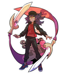 Rule 34 | 1boy, aged down, black headwear, black jacket, black pants, blue footwear, bright pupils, closed mouth, commentary, creatures (company), dark-skinned male, dark skin, doublade, frown, game freak, gen 6 pokemon, hat, highres, jacket, leon (pokemon), long hair, long sleeves, male focus, nintendo, open clothes, open jacket, pants, pokemon, pokemon (anime), pokemon (creature), pokemon journeys, purple hair, red shirt, redlhzz, shirt, shoes, simple background, split mouth, symbol-only commentary, white background, white pupils, yellow eyes
