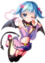 Rule 34 | 1girl, 6 (roku), aqua eyes, aqua hair, belt, black thighhighs, blue eyes, blue hair, blush, bow, breasts, cleavage, cleavage cutout, clenched hand, clothing cutout, demon girl, demon tail, demon wings, elbow gloves, fingerless gloves, full body, garter straps, gloves, hair bow, hatsune miku, heart, heart cutout, heart hunter, looking at viewer, matching hair/eyes, miniskirt, navel, omucchan (omutyuan), one eye closed, project diva, project diva (series), purple gloves, ribbon, shoes, short twintails, simple background, skirt, solo, tail, thighhighs, twintails, vocaloid, white background, wings