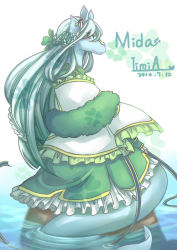 Rule 34 | 1girl, animal ears, braid, character name, closed mouth, commentary, dated, dress, english commentary, eyelashes, green dress, green hair, hair ornament, iimia, long hair, looking at viewer, monster girl, neopets, partially submerged, peophin, rock, signature, sitting, sitting on rock, tail