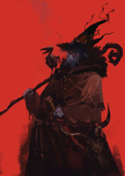 Rule 34 | 1boy, animal skull, beard, bird, brown cloak, brown hat, cloak, facial hair, hat, holding, holding staff, holding sword, holding weapon, male focus, old, old man, original, red background, red eyes, red theme, ryota-h, simple background, skeleton, solo, staff, sword, weapon, wizard