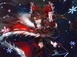 Rule 34 | &gt;:|, 1girl, :|, adapted costume, alternate costume, bow, brown hair, cape, chromatic aberration, closed mouth, coat, cowboy shot, floating hair, fur trim, gloves, hair bow, hair tubes, hakurei reimu, highres, kusakanmuri, long hair, navel, needle, ofuda, red bow, red eyes, red gloves, red skirt, serious, skirt, snowflakes, snowing, solo, touhou, v-shaped eyebrows