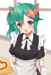 Rule 34 | 1girl, :d, animal ears, blurry, blurry background, blush, commentary, english commentary, food, green hair, hair between eyes, hair ornament, highres, indie virtual youtuber, jewelry, long hair, looking at viewer, maid, necklace, omelet, omurice, open mouth, pink eyes, rosedoodle, rosedoodle (vtuber), side ponytail, smile, solo, upper body, virtual youtuber
