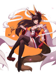 Rule 34 | 1girl, absurdres, animal ears, bare shoulders, bell, black hair, black thighhighs, breasts, brown eyes, cleavage, criss-cross halter, crossed legs, detached sleeves, fox ears, fox mask, fox tail, full body, geta, hair ornament, hair stick, halterneck, highres, holding, holding shoes, hongchajun, invisible chair, japanese clothes, jingle bell, kimono, kiseru, large breasts, legs, long sleeves, mask, obi, parted lips, ponytail, red ribbon, ribbon, ribbon-trimmed sleeves, ribbon trim, sash, shoes, short kimono, sitting, smile, smoke, smoking pipe, solo, sun, tail, thighhighs, wide sleeves, wind