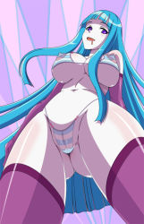 Rule 34 | 1girl, bikini, blue hair, blunt bangs, blush, breasts, cameltoe, cleavage, covered erect nipples, cowboy shot, crotch, drooling, elbow gloves, from below, gloves, gluteal fold, higashiyama (higashiyama honpo l.t.d), large breasts, long hair, looking at viewer, looking down, me!me!me!, meme (me!me!me!), naughty face, navel, nipples, panties, purple eyes, pussy, saliva, solo, standing, striped bikini, striped clothes, striped panties, swimsuit, thigh gap, thighhighs, underboob, underwear
