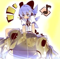 Rule 34 | + +, 1girl, alternate costume, blue eyes, blue hair, bow, cirno, frog, frozen, frozen frog, hair bow, matching hair/eyes, musical note, neck ribbon, quaver, ribbon, riding, shirow (crazy), solo, speech bubble, spoken musical note, symbol-shaped pupils, teeth, touhou, wings