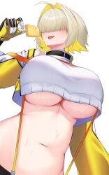 Rule 34 | 1girl, ahoge, blonde hair, breasts, closed mouth, clothing cutout, cropped jacket, elegg (nikke), food, gloves, goddess of victory: nikke, hair intakes, hair over eyes, highres, holding, holding food, holding popsicle, jacket, large breasts, long bangs, long sleeves, medium hair, navel, popsicle, shoulder cutout, simple background, solo, sweat, tongue, tongue out, underboob, upper body, white background, white jacket, wisher