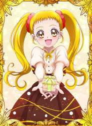 Rule 34 | 1girl, :d, blonde hair, blush, border, bow, shirt bow, box, brown bow, brown skirt, commentary request, foreshortening, framed, gift, gift box, gift wrapping, gradient background, hanzou, highres, holding, holding gift, juliet sleeves, kasugano urara (yes! precure 5), light particles, long hair, long skirt, long sleeves, looking at viewer, multicolored background, multicolored bow, open mouth, pink background, precure, puffy long sleeves, puffy sleeves, ribbon, shiny skin, shirt, shirt bow, skirt, smile, solo, twintails, upper body, valentine, white shirt, yellow background, yellow bow, yellow eyes, yellow ribbon, yes! precure 5