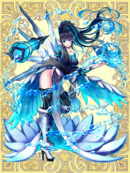 Rule 34 | 1girl, bad id, bad pixiv id, black hair, black thighhighs, blue eyes, boots, breasts, clutch2130, full body, high heels, kerberos blade, knee boots, long hair, medium breasts, official art, pelvic curtain, pointy ears, solo, thighhighs, very long hair, water, white footwear, wings, yellow background