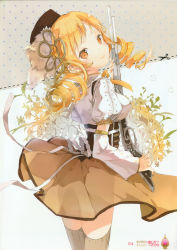 Rule 34 | 10s, 1girl, absurdres, anmi, beret, blonde hair, detached sleeves, drill hair, female focus, flower, gun, hat, highres, looking at viewer, looking back, magical musket, mahou shoujo madoka magica, mahou shoujo madoka magica (anime), puffy sleeves, solo, thighhighs, tomoe mami, tomoe mami (magical girl), weapon, yellow eyes